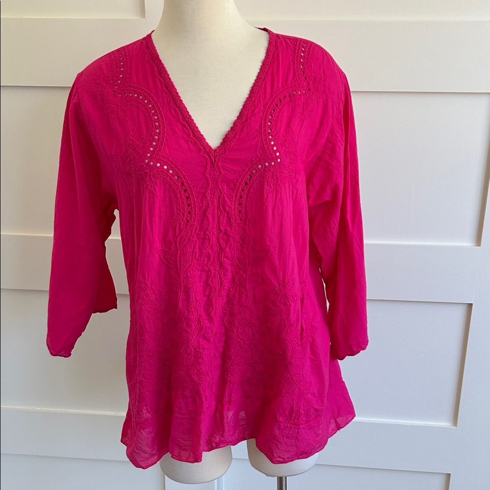 Johnny Was Fuchsia Embroidered V-Neck Blouse